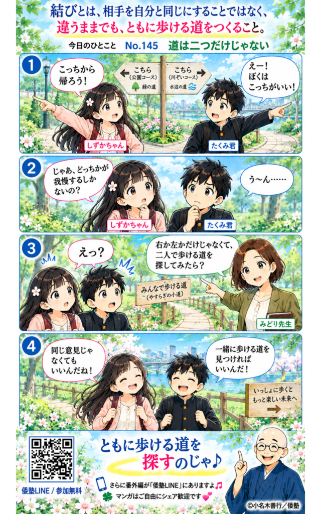 今日のひとこと・結びとは、相手を自分と同じにすることではなく、違うままでも、ともに歩ける道をつくること。