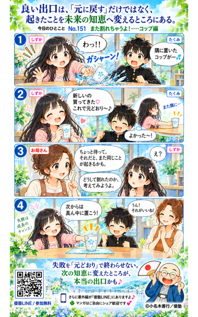 今日のひとこと・良い出口は、「元に戻す」だけではなく、起きたことを未来の知恵へ変えるところにある。