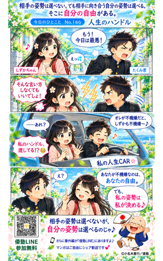 今日のひとこと・相手の姿勢は選べない。でも相手に向き合う自分の姿勢は選べる。そこに自分の自由がある。