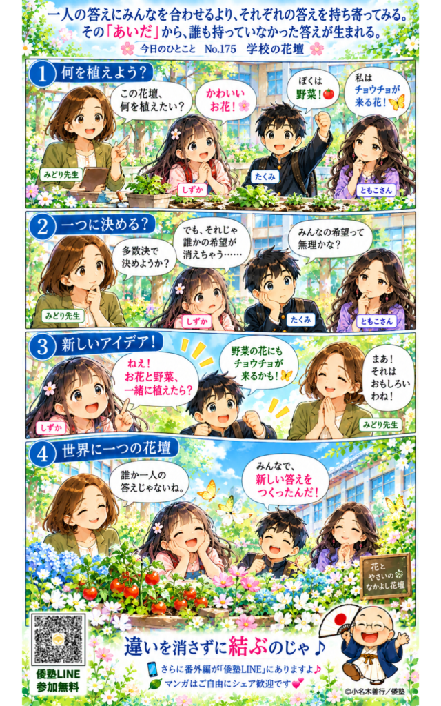今日のひとこと・一人の答えにみんなを合わせるより、それぞれの答えを持ち寄ってみる。その「あいだ」から、誰も持っていなかった答えが生まれる。