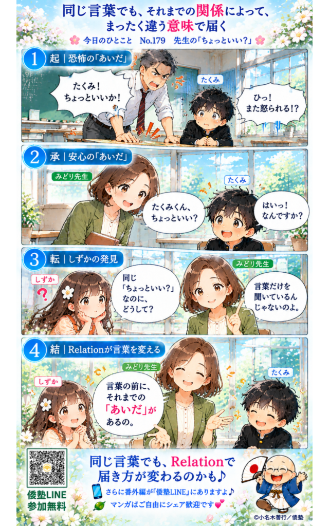 今日のひとこと・同じ言葉でも、それまでの関係によって、まったく違う意味で届く