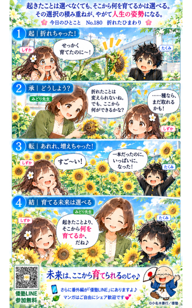 今日のひとこと・起きたことは選べなくても、そこから何を育てるかは選べる。その選択の積み重ねが、やがて人生の姿勢になる。
