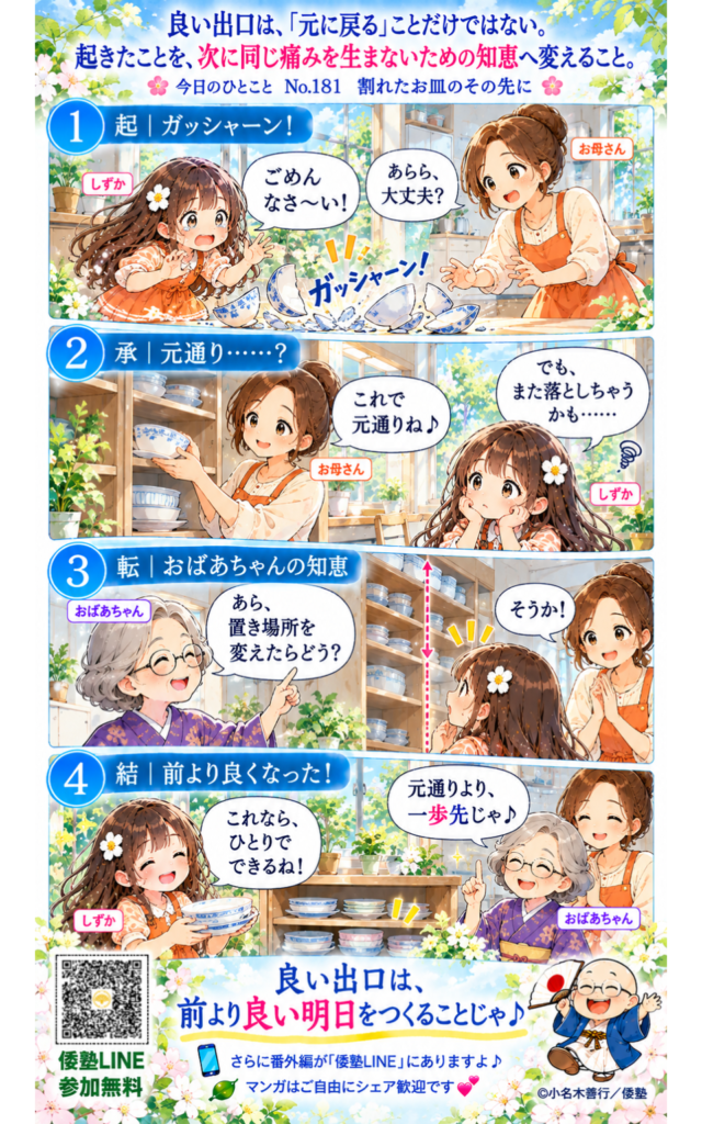 今日のひとこと・良い出口は、「元に戻る」ことだけではない。起きたことを、次に同じ痛みを生まないための知恵へ変えること。