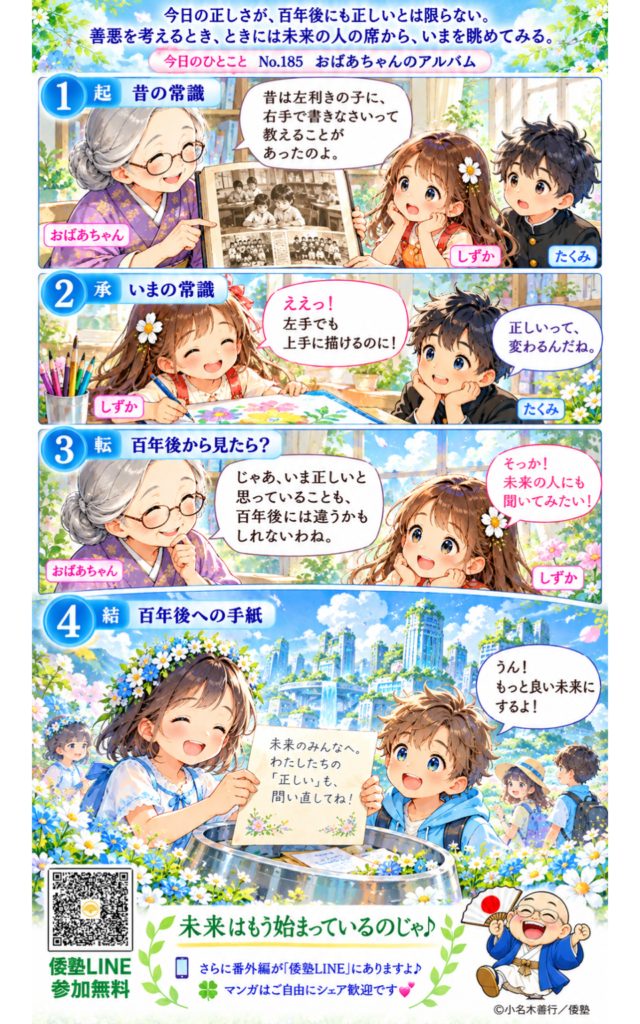 今日のひとこと・今日の正しさが、百年後にも正しいとは限らない。善悪を考えるとき、ときには未来の人の席から、いまを眺めてみる。