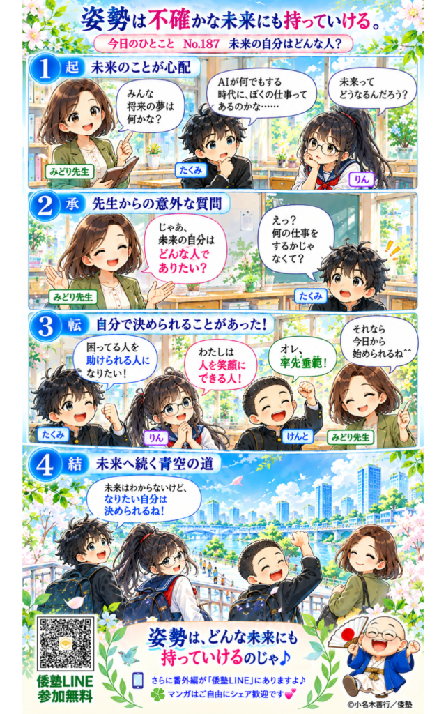 今日のひとこと・未来が見えないときほど、「何が起きるだろう」より「自分はどうありたいだろう」と問う。姿勢は、不確かな未来にも持っていける。