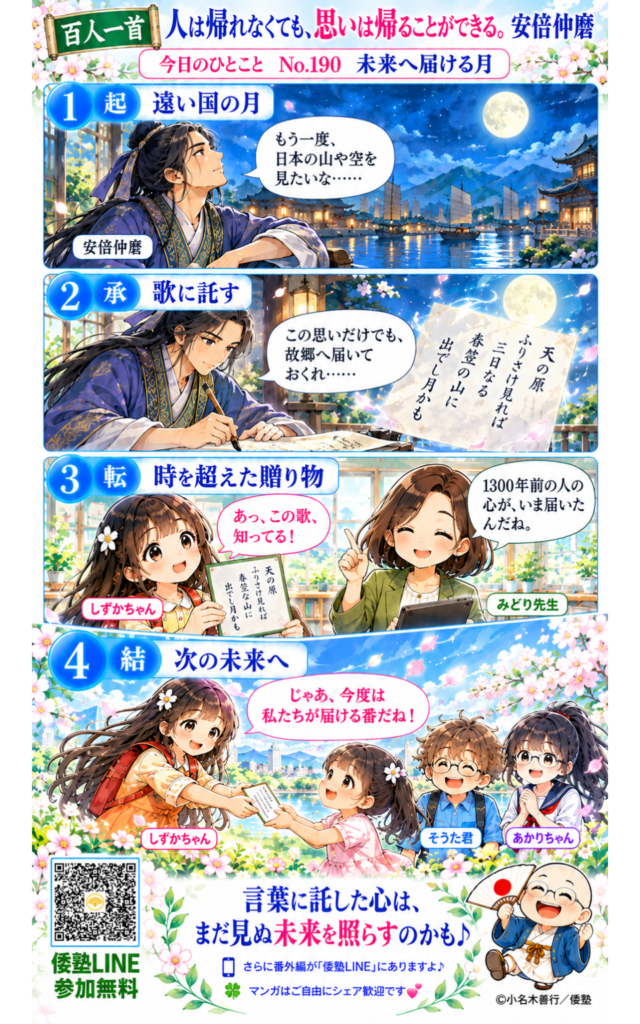 今日のひとこと・人は帰れなくても、思いは帰ることができる。言葉に託した心は、時を越えて、まだ見ぬ誰かの未来を照らす。