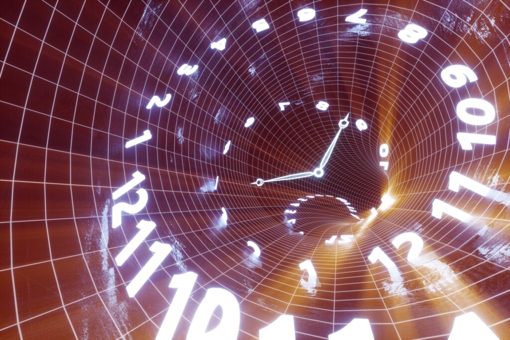 螺旋状に歪んだ時空の中で光る時計の文字盤。 時間の流れがねじれ、過去と未来が重なり合う“多次元の時間”を象徴するイメージ。